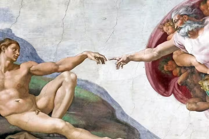 Michelangelo's Creation of Adam fresco detail from the Sistine Chapel ceiling, Vatican Museums