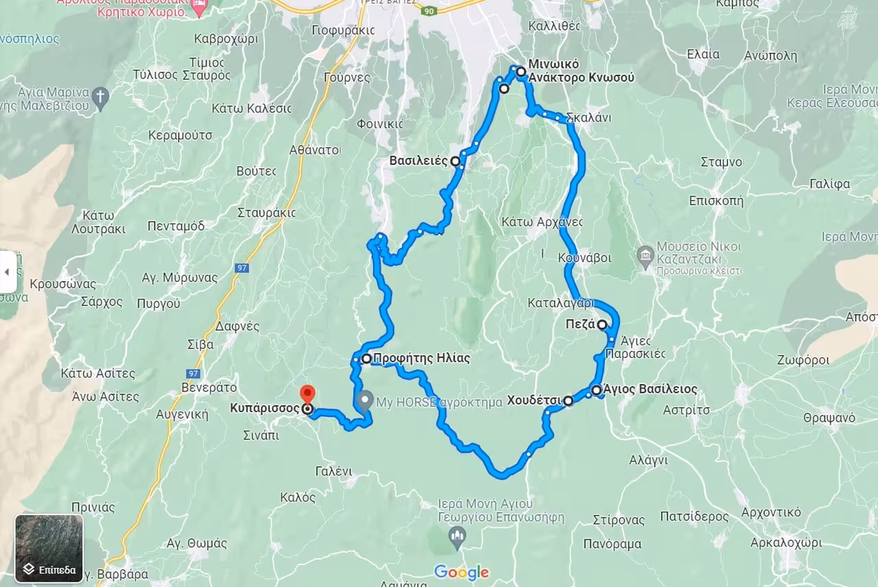 Crete loop itinerary map via Knossos, Peza and Kyparissos for all-inclusive 3-day tour with 2-night stay