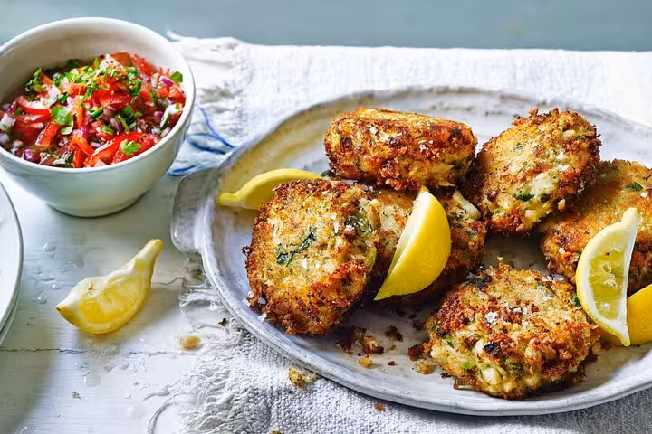 Crispy cod fritters with lemon wedges and fresh salsa, showcasing a delicious stop on the Ultimate Lisbon Food Tour.