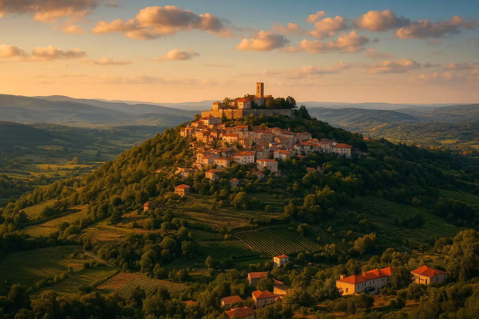Medieval hilltop village with stone houses and tower overlooking green vineyards and rolling hills at golden sunset