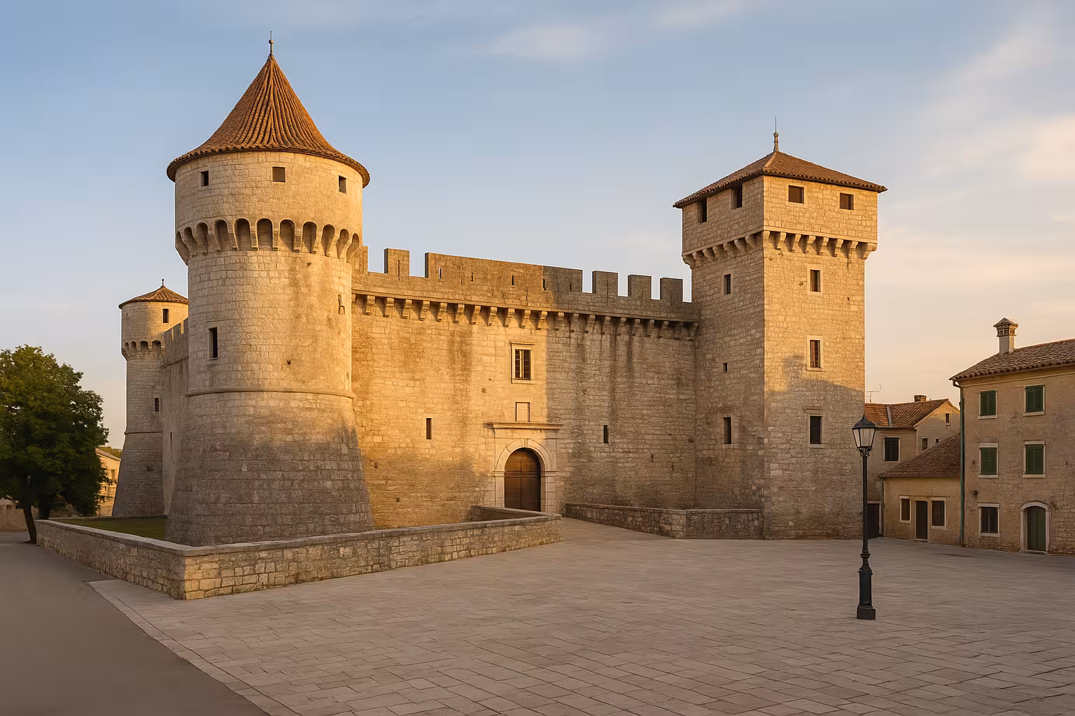 Medieval stone castle with round tower and battlements in Croatia at golden hour