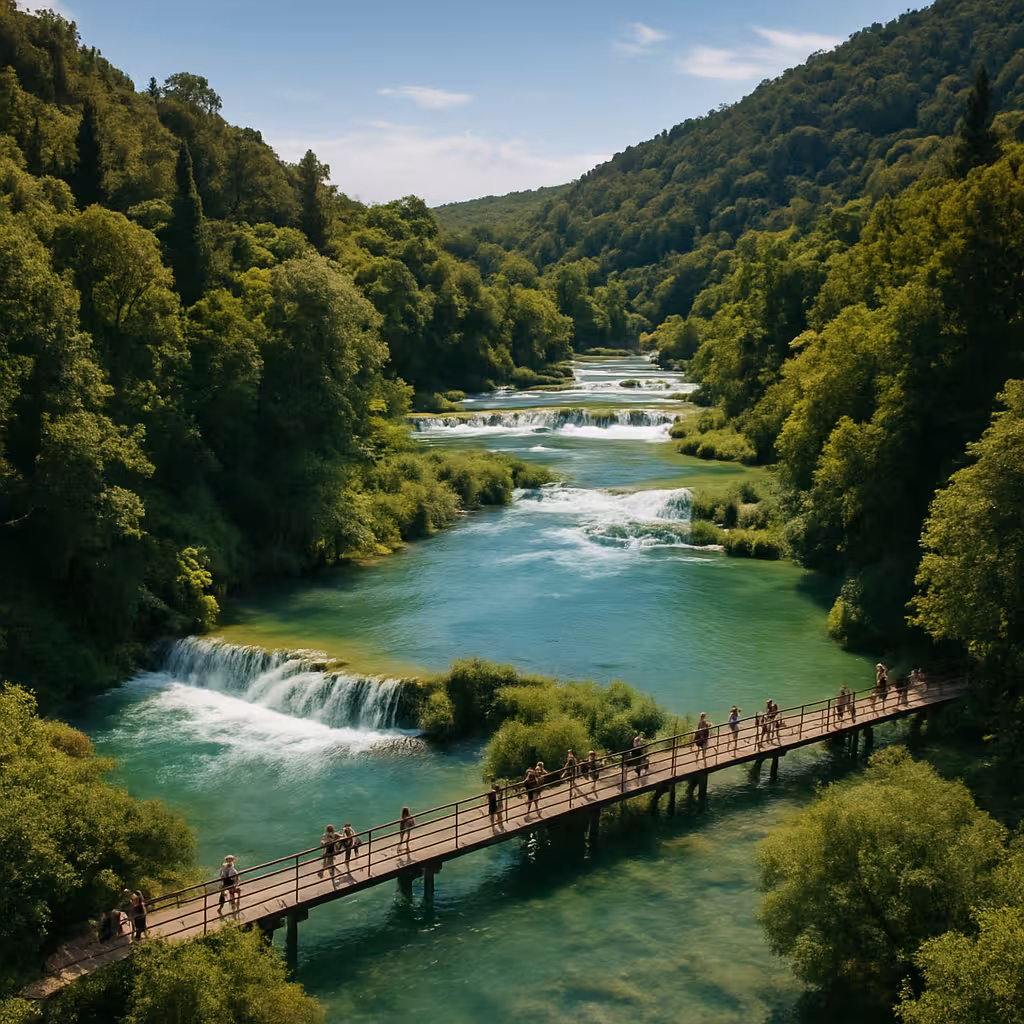 Tourists walking wooden bridge over turquoise river with cascading waterfalls in Croatia national park