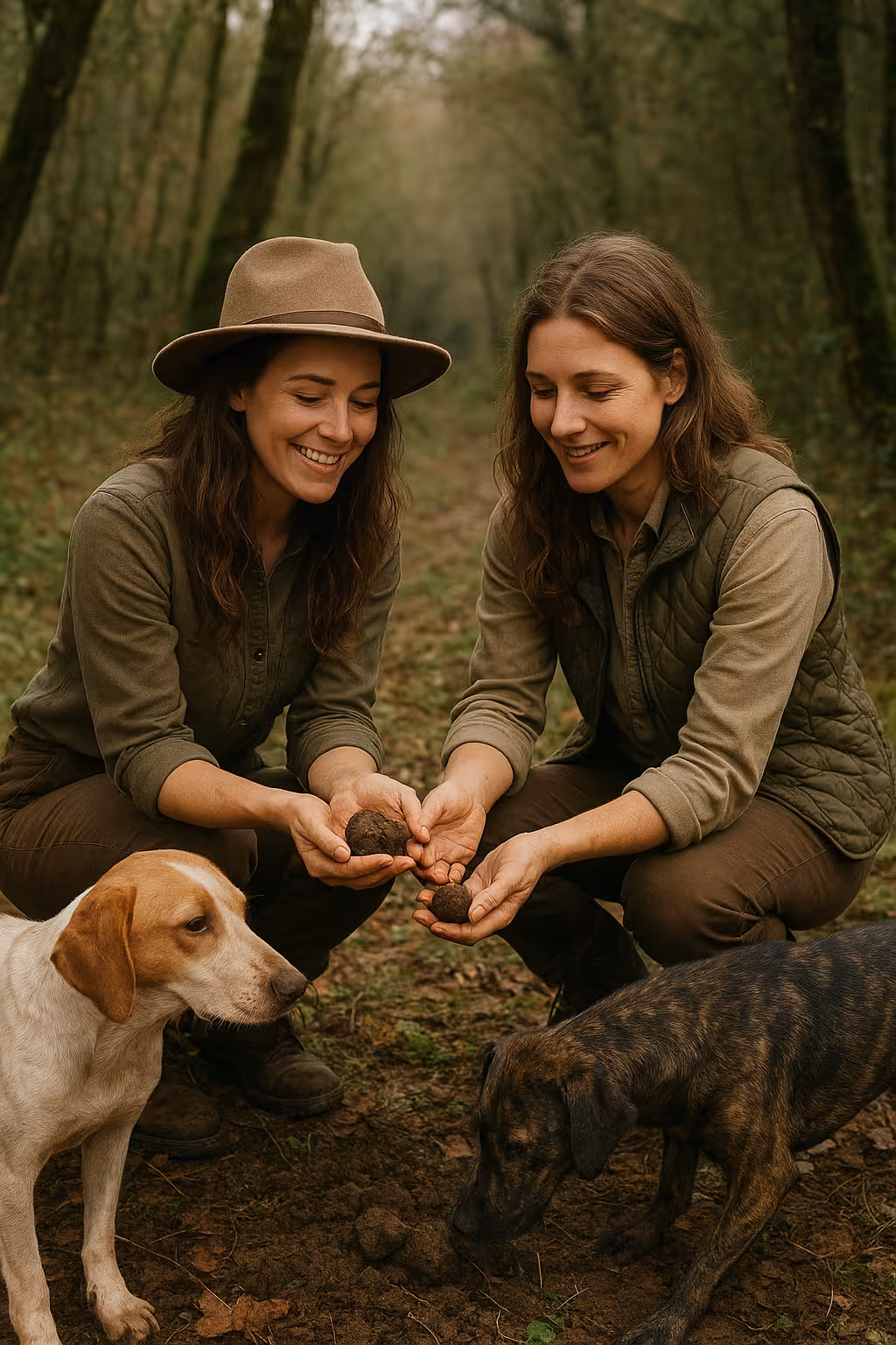 Two women holding freshly harvested truffles with hunting dogs in a Croatian forest