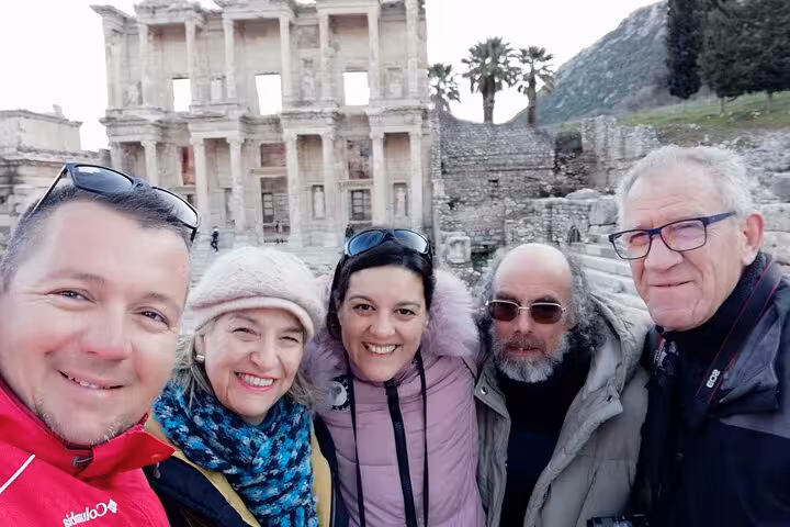 Cruise guests selfie at Ephesus Library of Celsus on private skip-the-line shore excursion from Kusadasi