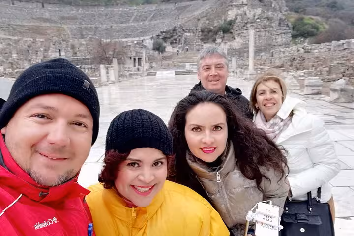 Cruise guests selfie at Ephesus Marble Street with ancient ruins on a private skip-the-line shore tour