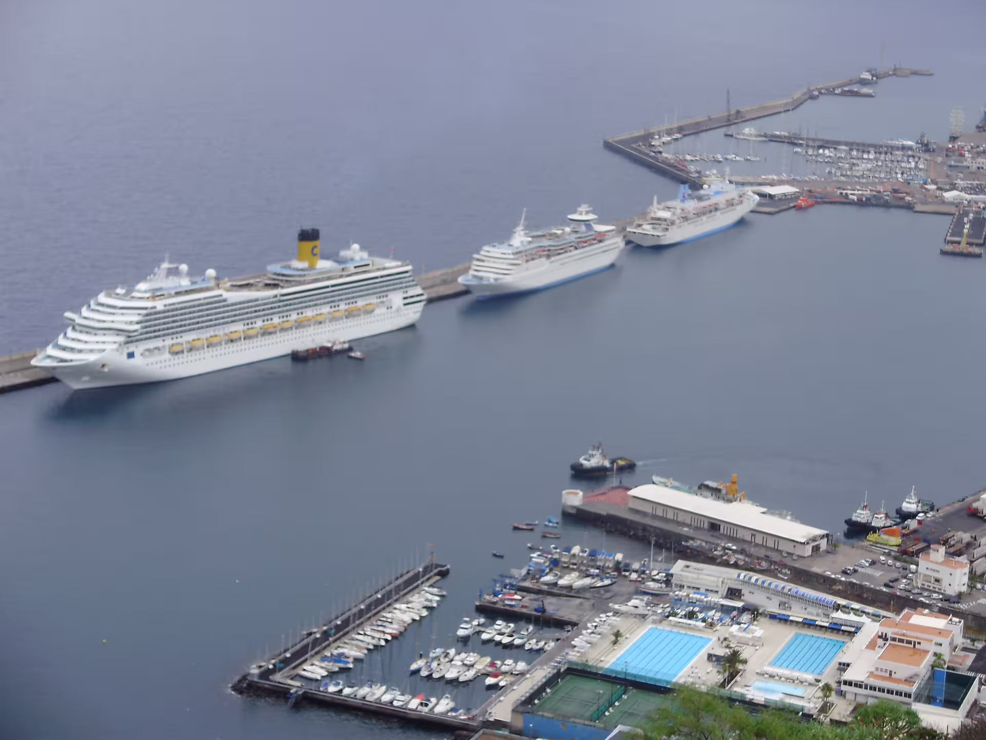 Panoramic view of cruise ships docked at a bustling port, ideal for private shore excursions in the Canary Islands.