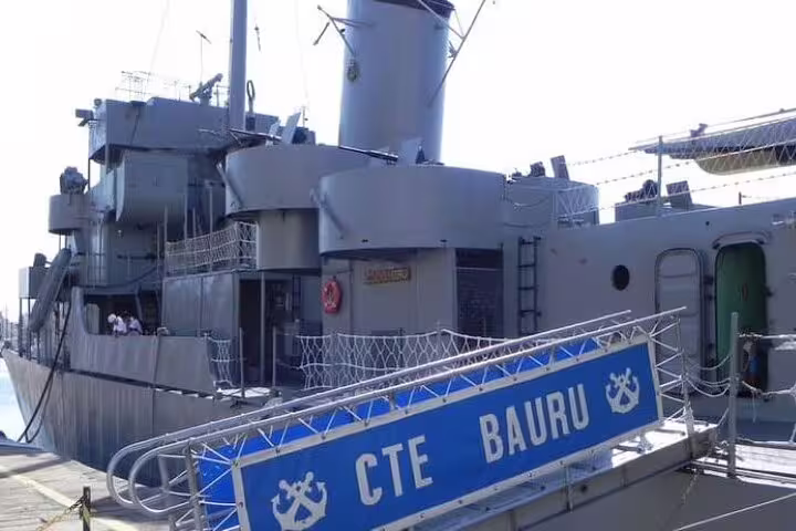 View of the CTE Bauru naval ship on the Fiscal Island and Guanabara Bay tour in Rio de Janeiro.