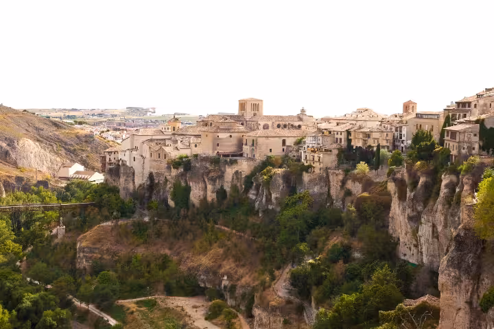 Panoramic view of Cuenca old town and hanging houses above the Huécar gorge on a day tour from Madrid