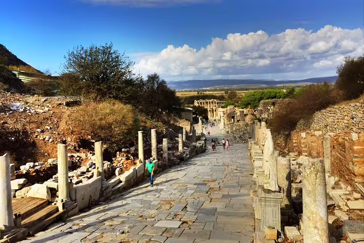 Curetes Street in ancient Ephesus with columns and ruins, featured on 2-day small-group tour from Izmir