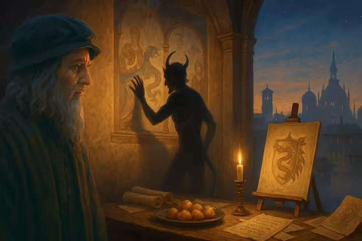 Elderly bearded man watches devil shadow on wall by candlelight in medieval Milan setting