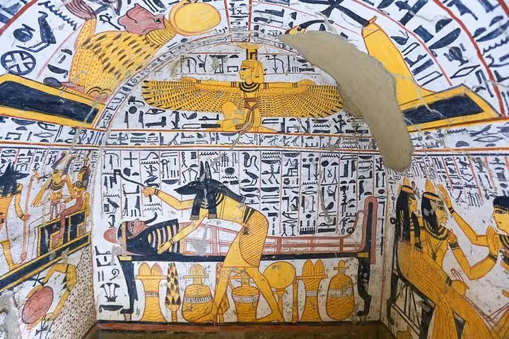 Ancient Egyptian tomb wall painting with hieroglyphs, Dahabiya Nile cruise 5 days 4 nights cultural tour