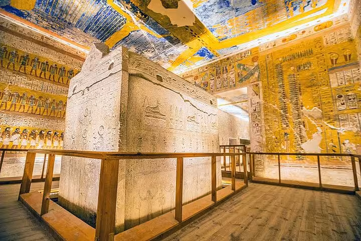 Decorated pharaoh tomb chamber with sarcophagus, stop on 5 days 4 nights Dahabiya Nile cruise itinerary