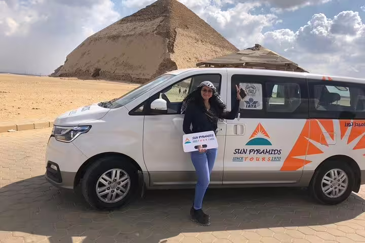 Private tour transfer van at Dahshur Bent Pyramid, Sakkara Memphis day trip with lunch included