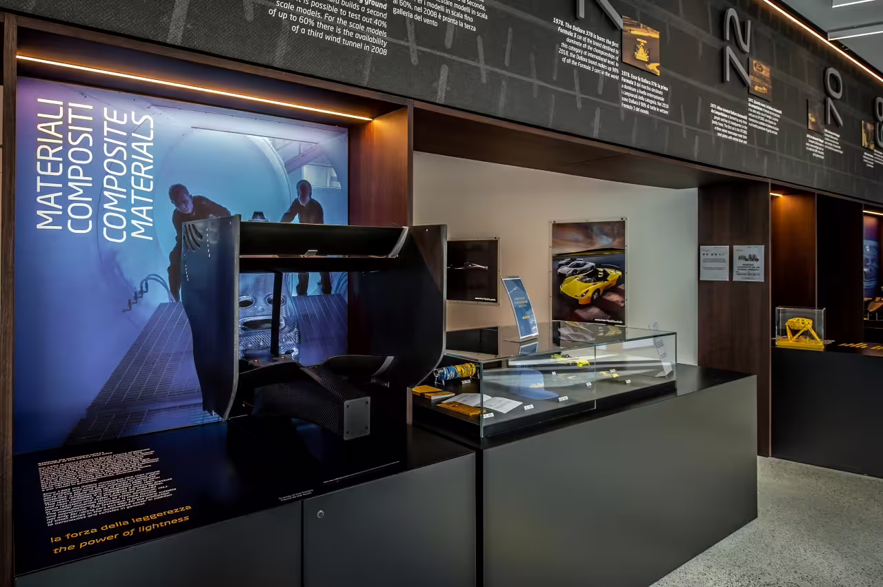 Interior exhibit at Dallara Academy highlighting composite materials and innovative motorsport technologies.