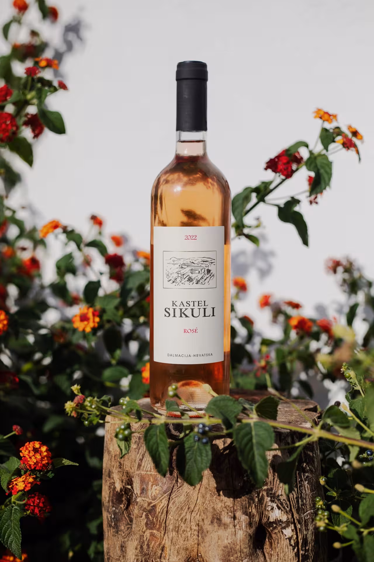 Dalmatian rosé wine bottle in a flowered garden, featured on The Taste of Dalmatia Split wine tour
