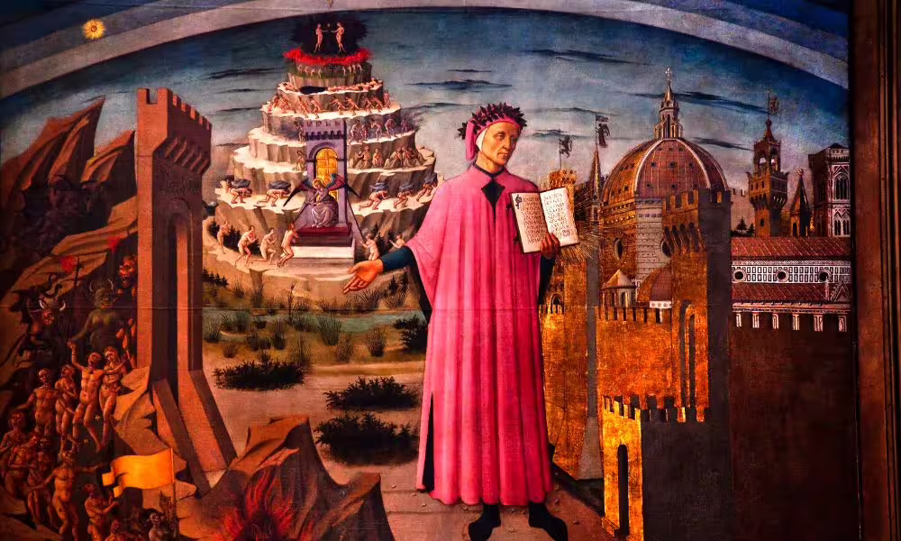 Medieval painting of Dante’s Inferno with the poet, Hell, Purgatory and Florence, featured on L'Inferno di Dante al Decumano Sommerso tour