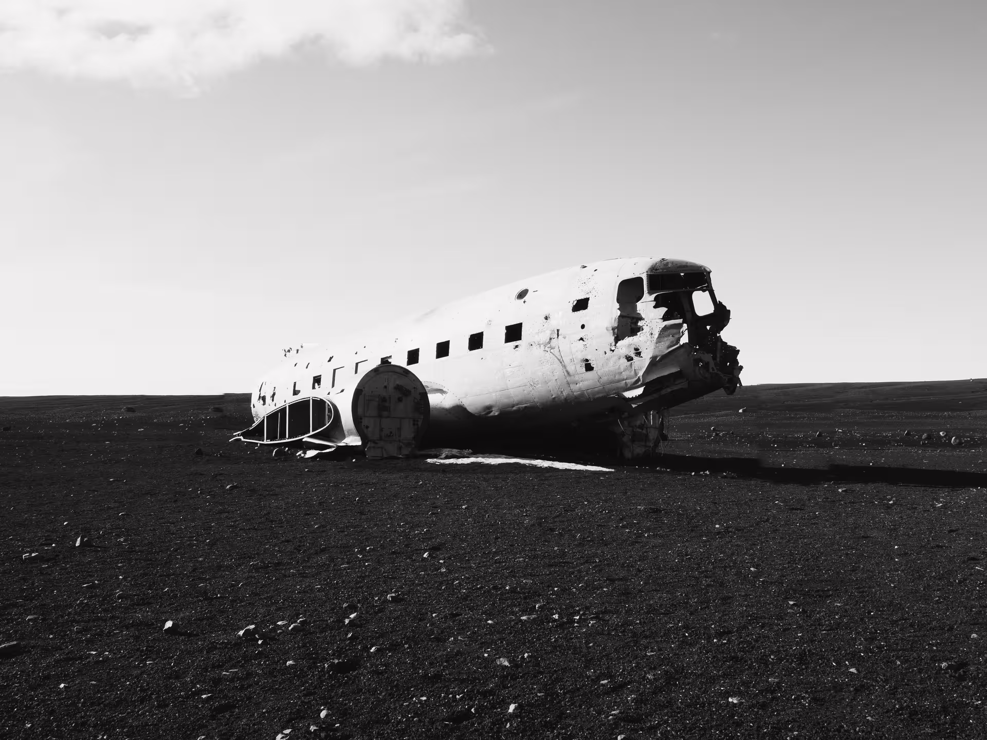 Iconic DC-3 plane wreck on Solheimasandur black sand beach during Iceland South Coast private tour