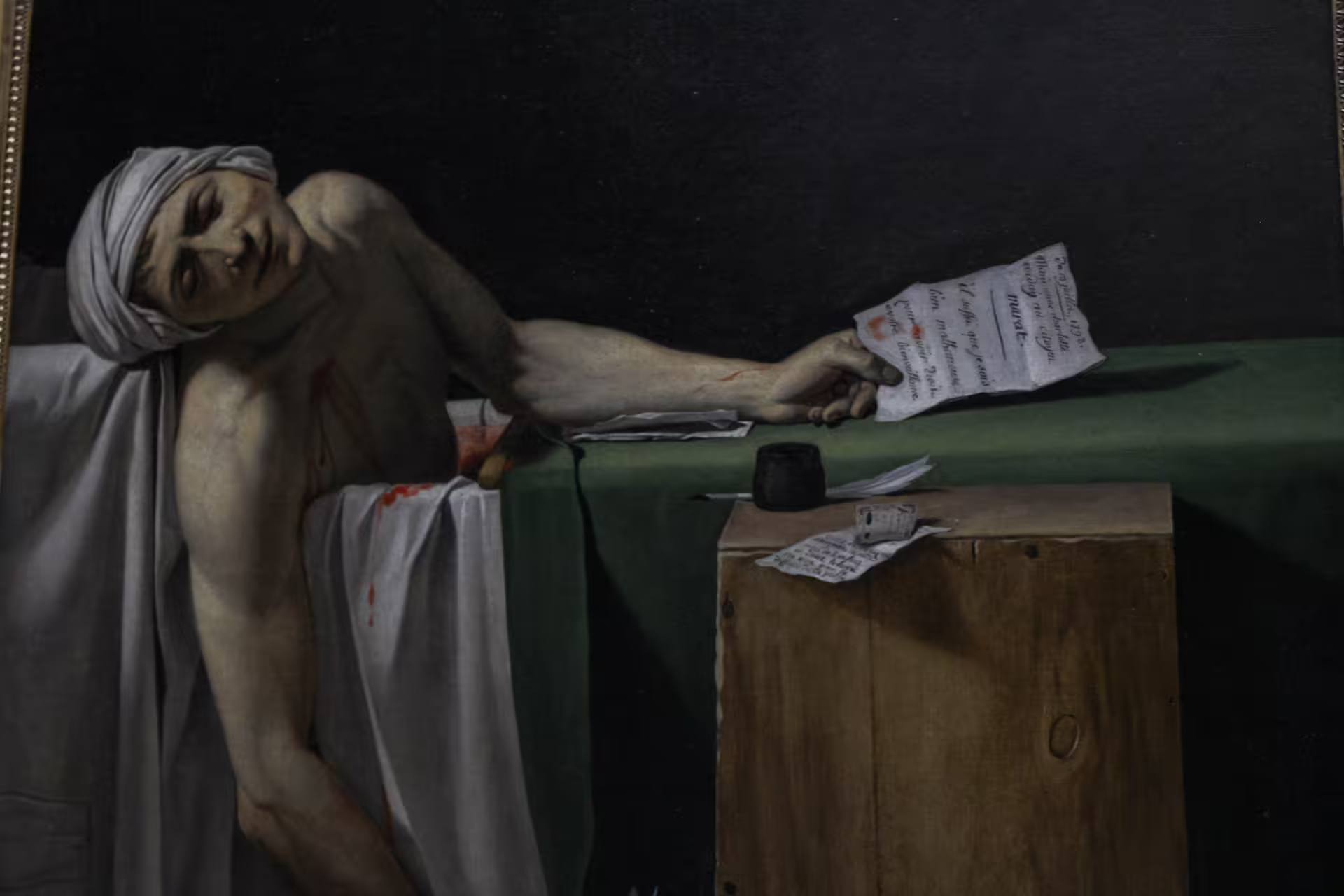 Death of Marat painting showing stabbed figure slumped in bath holding letter, Louvre masterpiece