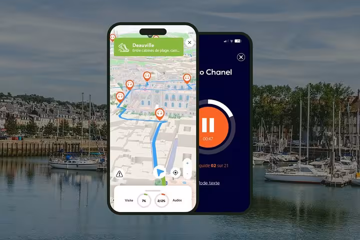 Deauville self-guided walking tour app showing GPS map with audio guide on two smartphones