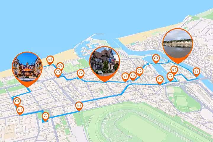 GPS map of Deauville self-guided walking tour route with audio guide pins and landmark photos