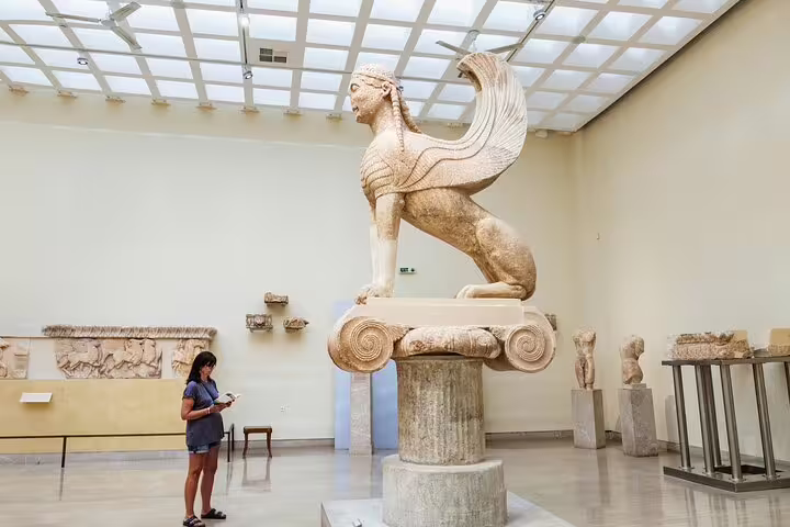 Delphi Archaeological Museum Sphinx statue exhibit visited on a full-day private tour to the Oracle site in Greece