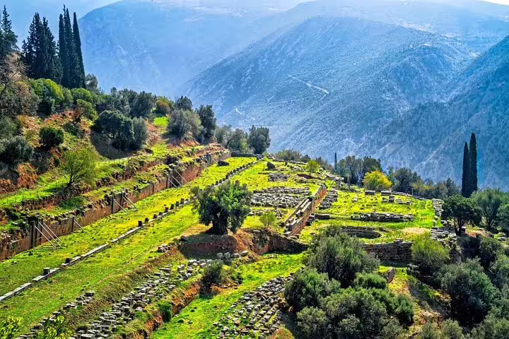 Delphi archaeological site terraces and olive groves with Parnassus views on a private day tour from Athens