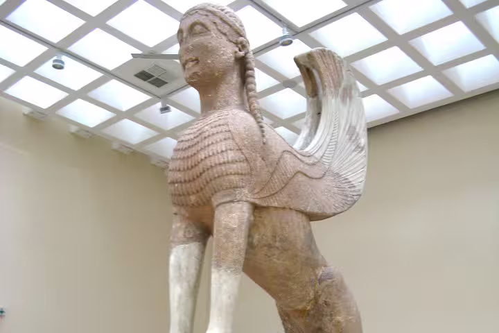 Delphi Museum Sphinx of Naxos statue stop on a 2-day private Delphi and Meteora tour from Athens