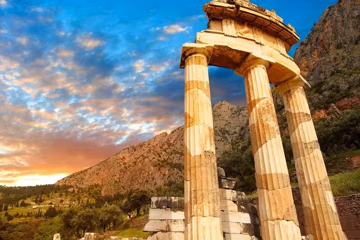 Delphi Tholos ruins at sunset, 2-day luxury private trip from Athens including Meteora and Thermopylae