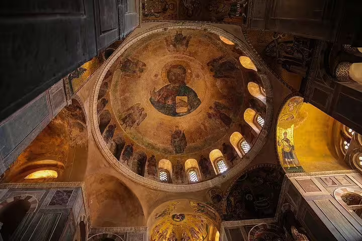 Byzantine dome frescoes inside Hosios Loukas Monastery, a highlight on Delphi full day tour from Athens