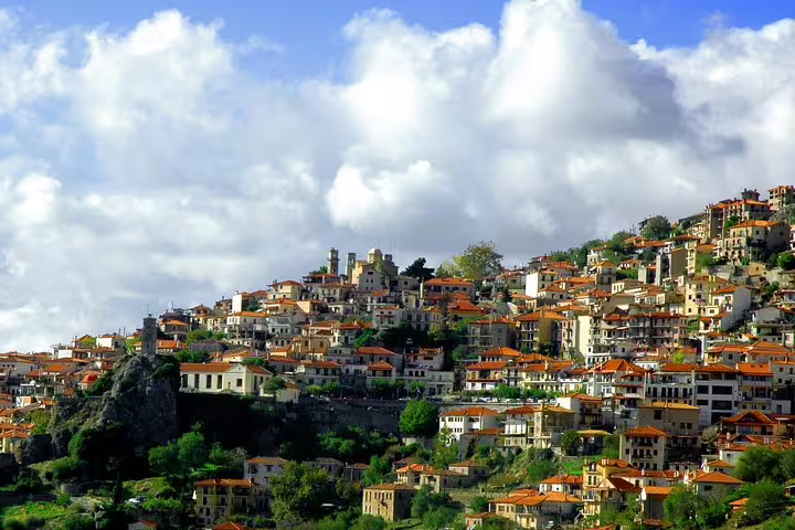 Panoramic view of Delphi town on a guided private day trip from Athens, red-roofed houses under blue sky