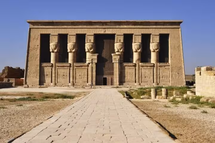 Front facade of Dendara Temple of Hathor near Luxor, key stop on private day tour to Dendara and Abydos