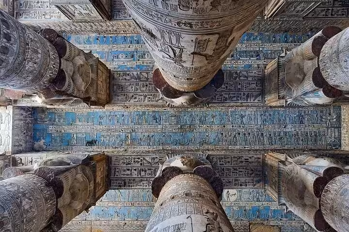 Stunning view of Dendera Temple's ceiling, adorned with detailed hieroglyphs, accessible on a Luxor half-day tour.
