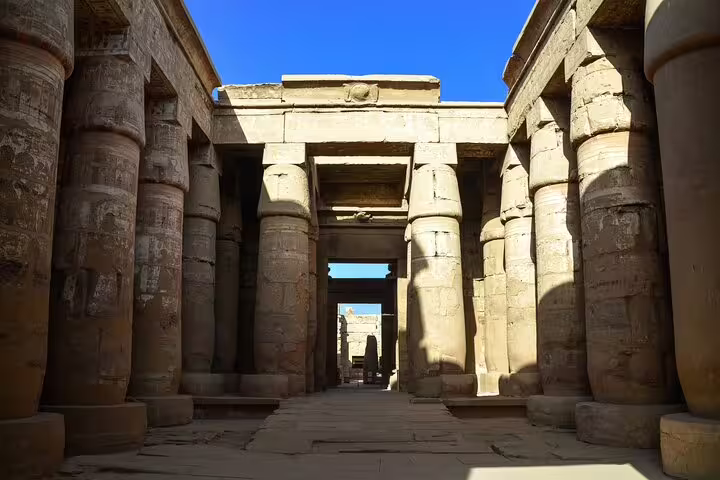 Colonnaded courtyard at Dendera Temple Complex near Luxor, guided Egypt tour to Dendera and Medinet Habu
