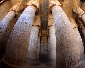 Massive ancient Egyptian columns covered in hieroglyphs inside Dendera Temple on a full-day Abydos tour from Safaga
