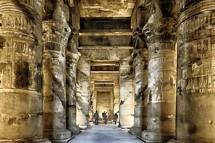Dendera Temple hypostyle hall with carved columns, seen on full-day tour from Hurghada to Abydos