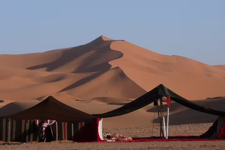 Traditional desert camp with tents set against towering sand dunes under a clear blue sky on a full-day safari tour.