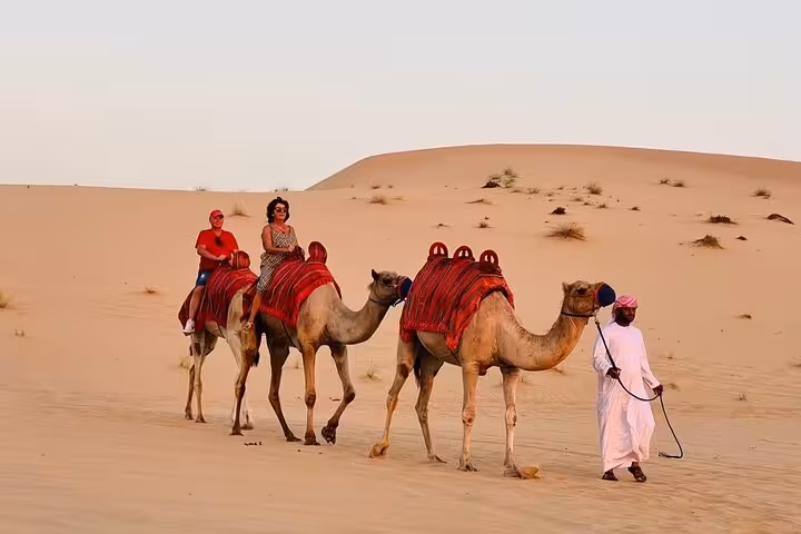 Guided camel caravan ride across Ras Al Khaimah dunes on desert safari tour with traditional camp dinner
