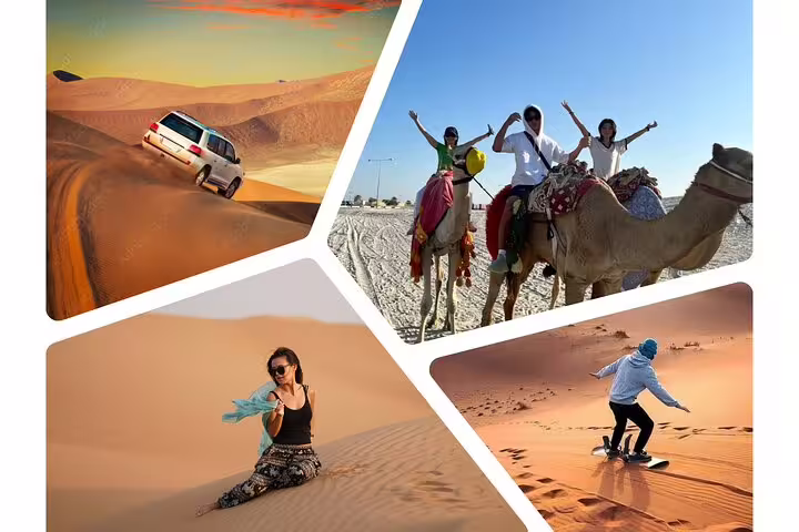 Collage of desert adventures: dune bashing, camel riding, sandboarding, and scenic relaxation on the Desert Safari Combo.