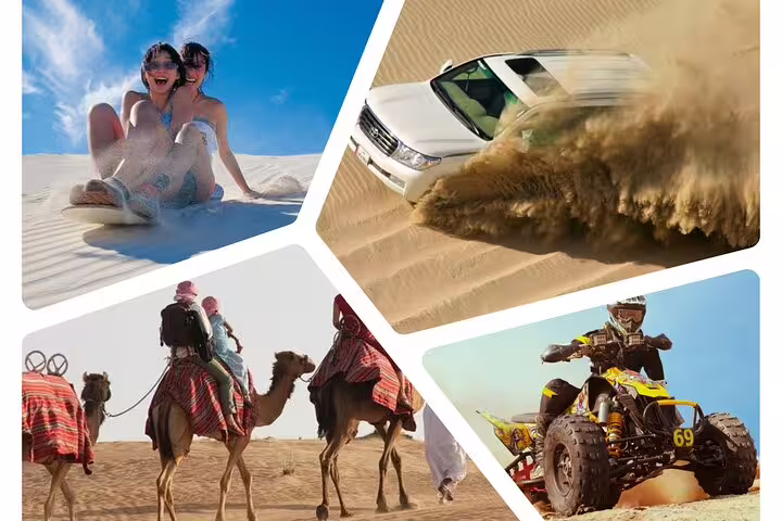 Collage of desert adventures featuring sandboarding, dune bashing, camel rides, and ATV excitement.