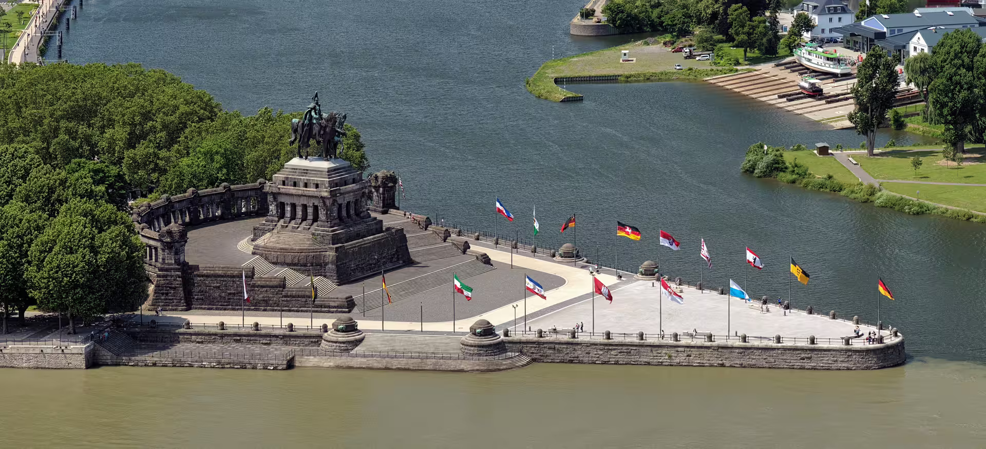 Aerial view of Deutsches Eck monument at Rhine and Moselle confluence, Koblenz 1-day audioguide walk