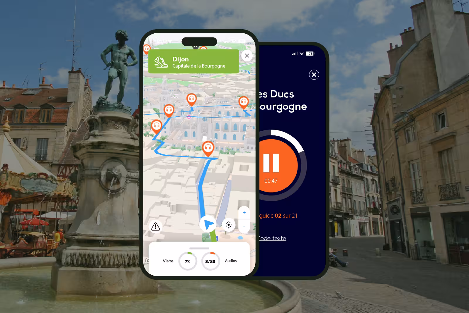 Dijon audioguide mobile application interface on smartphone with the Bareuzai statue in the background.