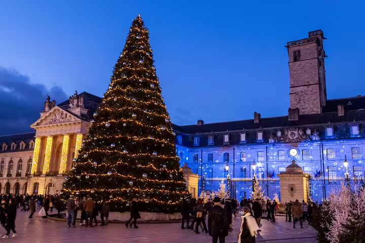 Illuminated Christmas tree at Place de la Libération in Dijon, France, with historic palace at dusk