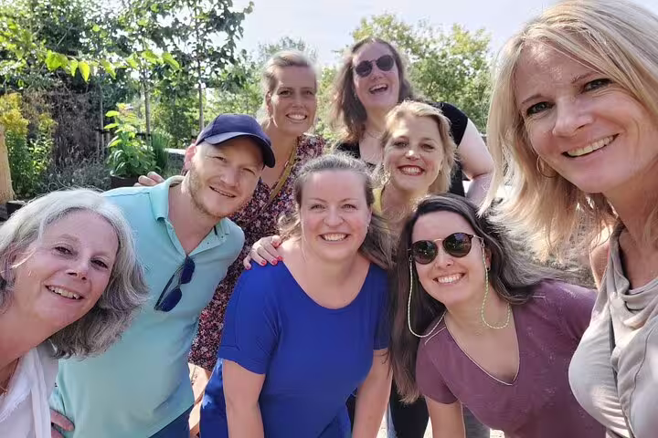 Group selfie on a sunny day, perfect for the Dijon e-scavenger hunt game and self-guided city tour
