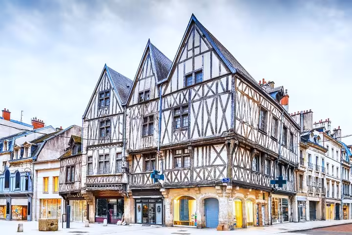 Historic half-timbered medieval buildings in Dijon city center, France