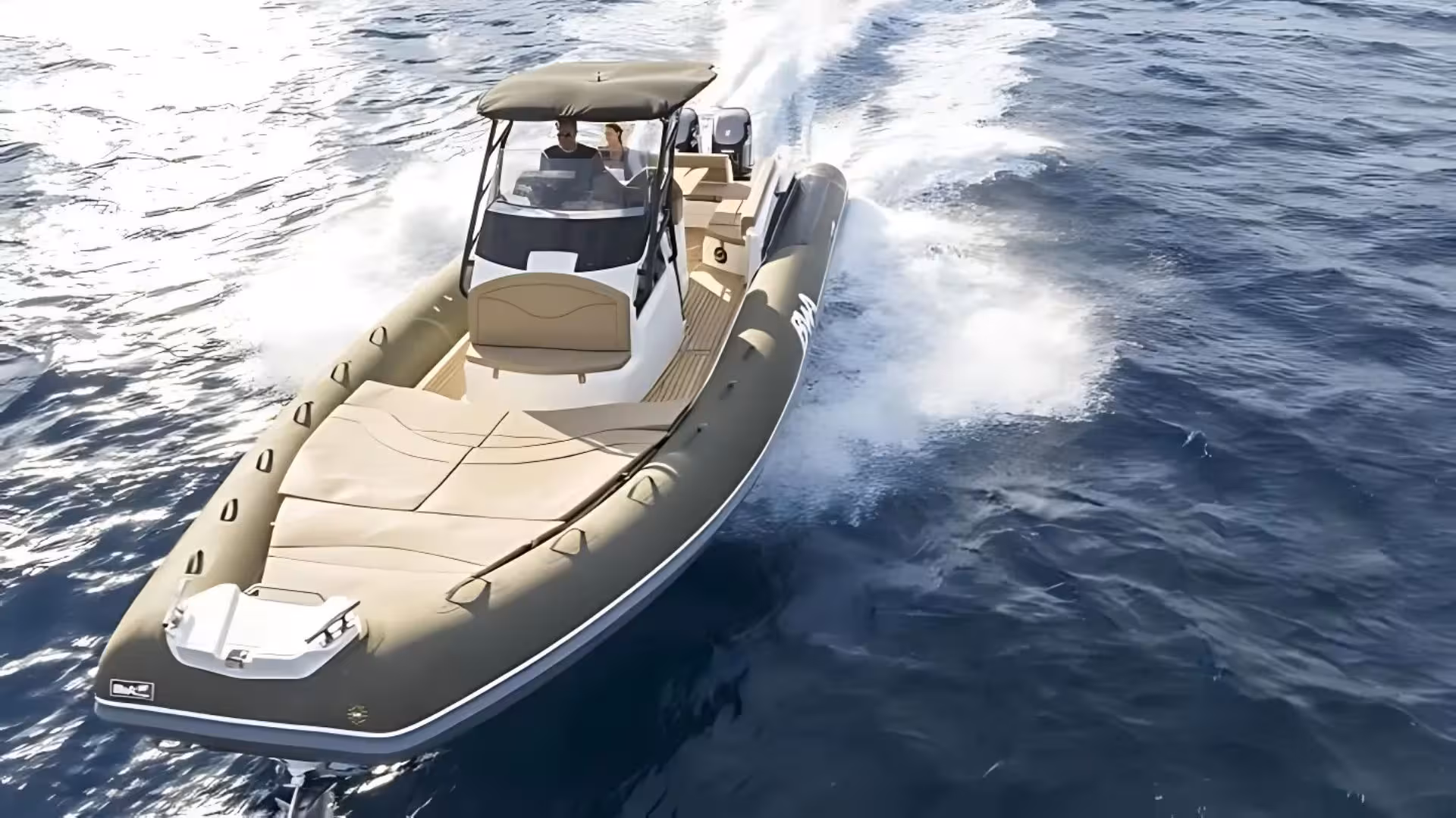 Aerial view of a dinghy speeding through the clear waters around La Maddalena, perfect for an adventurous beach tour.