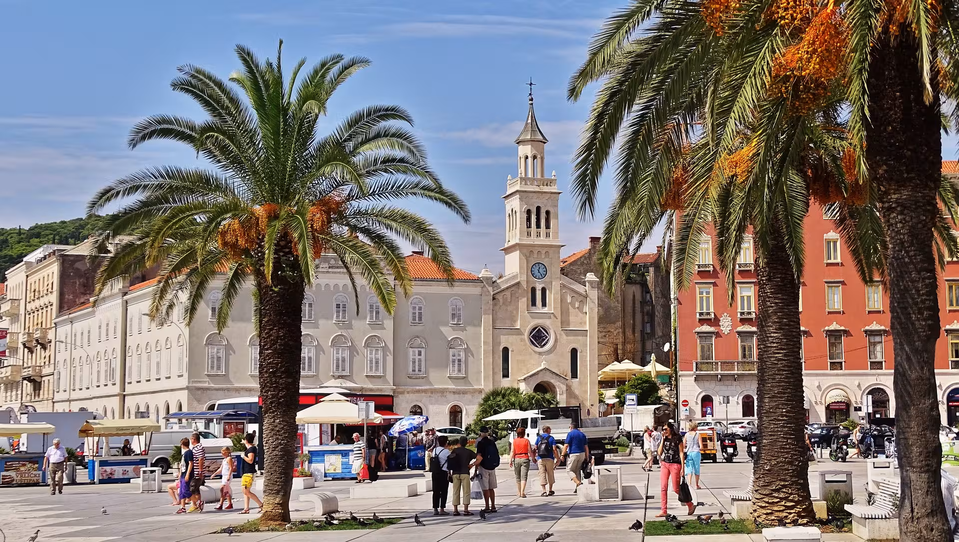 Palm-lined Split old town square near Diocletian Palace, perfect stop on a guided Split history walk in Croatia