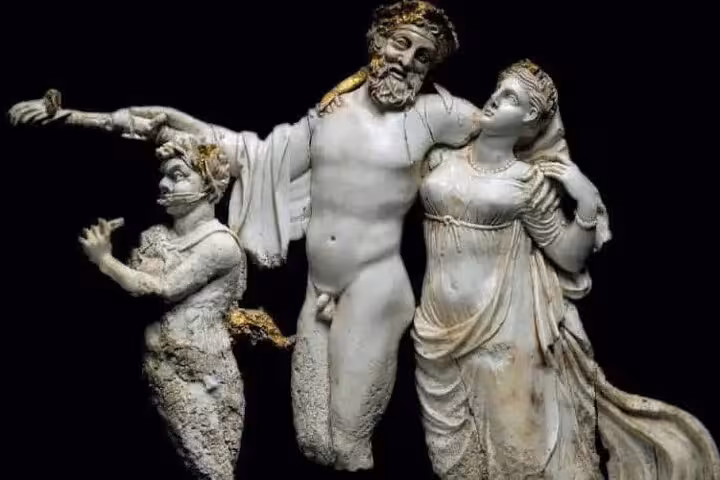 Ancient Greek marble relief of Dionysus and companions, a highlight on Alexander the Great private tour from Athens