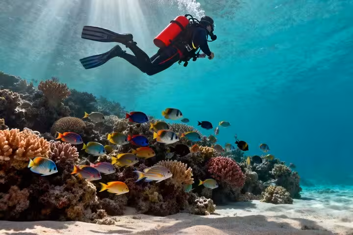 Diver gliding above Ras Mohamed reef with tropical fish on VIP boat diving tour to White Island