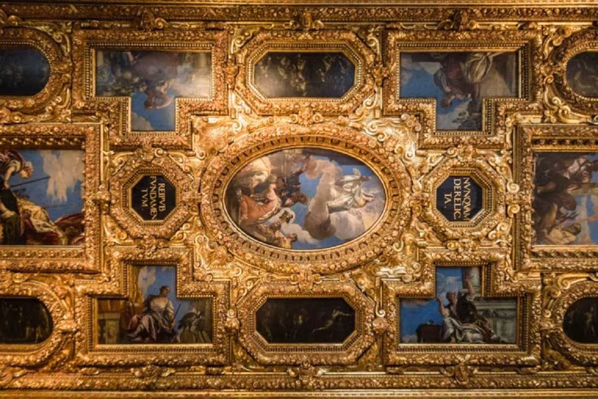 Ornate ceiling artwork in Doge's Palace showcasing Venetian Renaissance grandeur on the Grand Tour.
