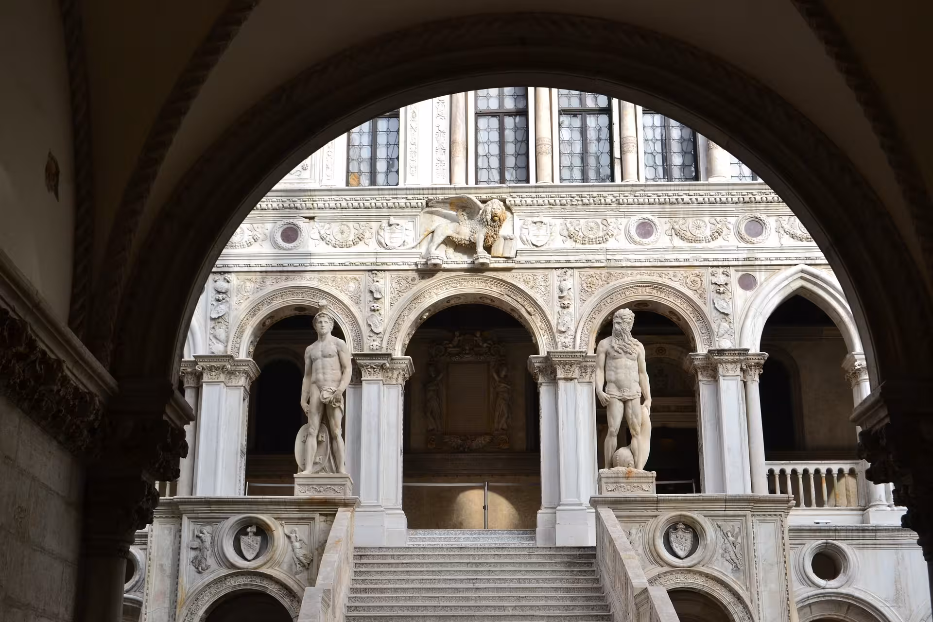Stunning statues and intricate carvings adorn the grand staircase of the Doge’s Palace in Venice.